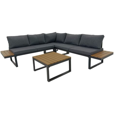 Mobili Rebecca – Salon de jardin moderne 2 pièces – Aluminium et polywood noir marron – Dimensions canapé H 65 x L 134,5 x P 60 cm – Table basse H 32,5 x L 55,5 x P 55,5 cm (1/5)
