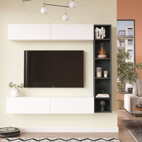 Meuble mural Rebecca Mobili Tamael 143,5x169x26 Panneau de particules Blanc Gris Foncé Moderne ENSEMBLE 3 pcs (1/5)