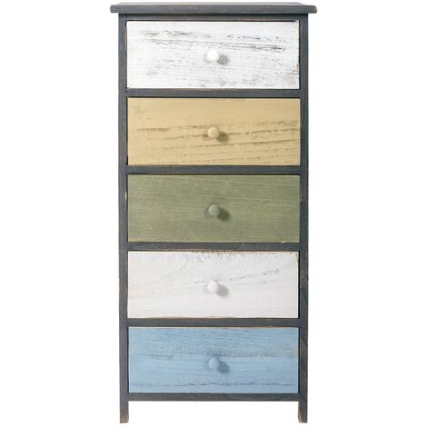 Mobili Rebecca – Table de chevet 5 tiroirs en paulownia – Dimensions H 87 cm x L 40 cm x P 29 cm – Style vintage et naturel – Meuble prêt à l'emploi (1/5)