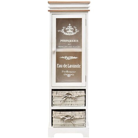 Mobili Rebecca – Meuble de rangement 2 paniers et 1 porte en plexiglass – Bois osier blanc – Dimensions H 102 cm x L 32 cm x P 27 cm