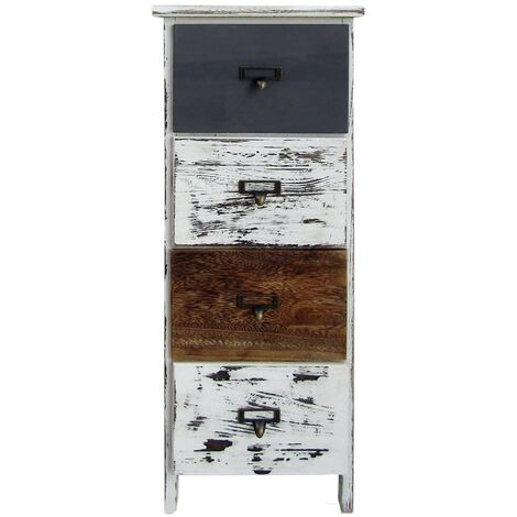 Mobili Rebecca – Commode rétro 4 tiroirs en bois de paulownia – Dimensions H 74 cm x L 28 cm x P 28 cm – Couleurs blanc, gris, marron – Prête à l'emploi (1/5)