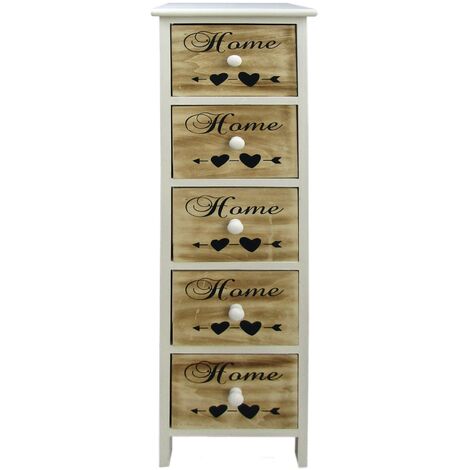 Mobili Rebecca – Commode chiffonier 5 tiroirs en bois de paulownia – Dimensions H 91 x L 26 x P 30 cm – Style nordique – Couleur marron et blanc