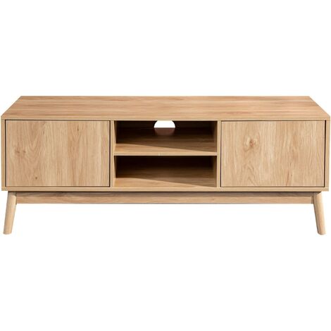 Mobili Rebecca – Meuble TV bas en bambou et MDF 120x39,5 cm – 2 portes avec étagères – Finition marron élégante pour salon moderne (1/5)