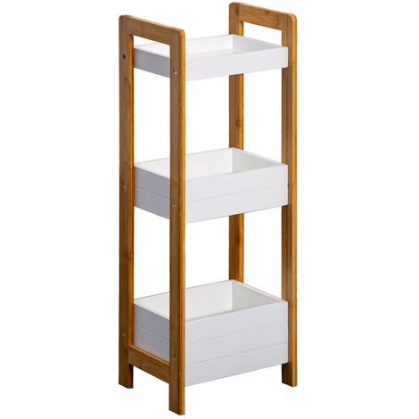 Rebecca Mobili Étagère en échelle Meuble de salle de bain 3 étagères MDF Bambu Blanc (1/5)