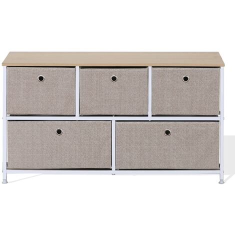 Mobili Rebecca – Commode enfant 5 tiroirs en métal et tissu – Dimensions H 55 x L 100 x P 29 cm – Charge max 5 kg par tiroir – Pieds ajustables pour stabilité (1/5)