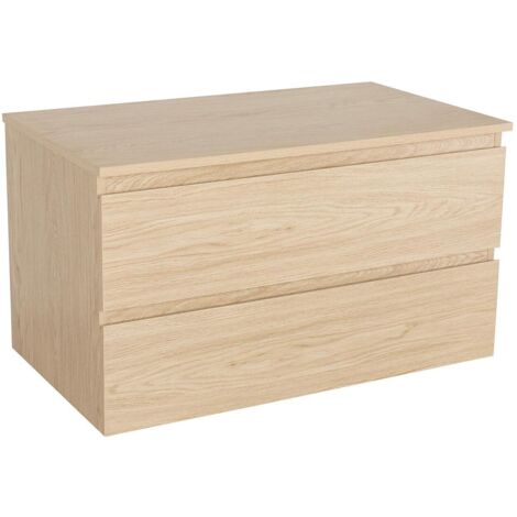 Mob-In – Meuble sous vasque simple 80 cm – MDF avec placage chêne naturel – Plan eau résistant – Design minimaliste pour salle de bain moderne