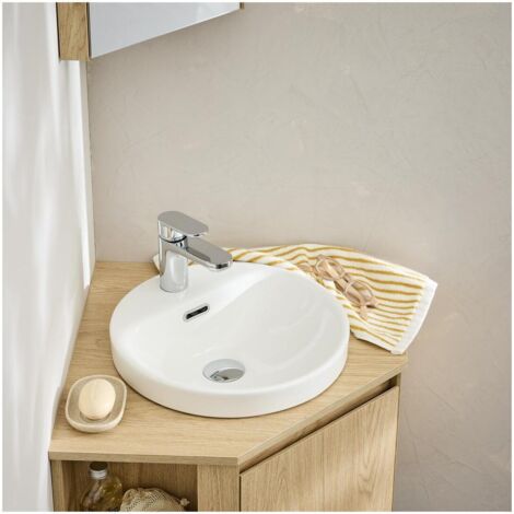 Mob-In – Vasque à encastrer ronde en céramique blanche 37cm – Hauteur 5cm – Évacuation standard 45mm – Installation semi-encastrée