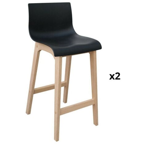 Tabourets d'ilot 65 cm TANNA pieds chêne assise plastique noire - Lot de 2