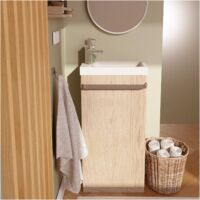 Mob-In – Meuble double vasque sur pieds JOHANN en MDF décor chêne – Porte réversible – Espace de rangement avec étagères – Dimensions 41x88x22 cm