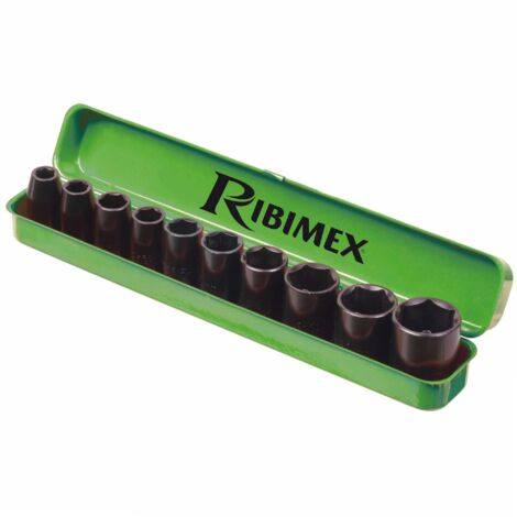 Ribitech – Lot de 10 douilles hexagonales 1/2'' – Acier chrome vanadium – Longueur 38mm – Dimensions 10 à 27mm – Pour clés à choc