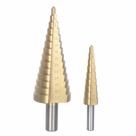 Ribitech – Fraises étagées coniques HSS plaqué titane – Lot de 2 – Diamètres 4 à 30 mm – Perçage rapide pour métal, bois et plastique