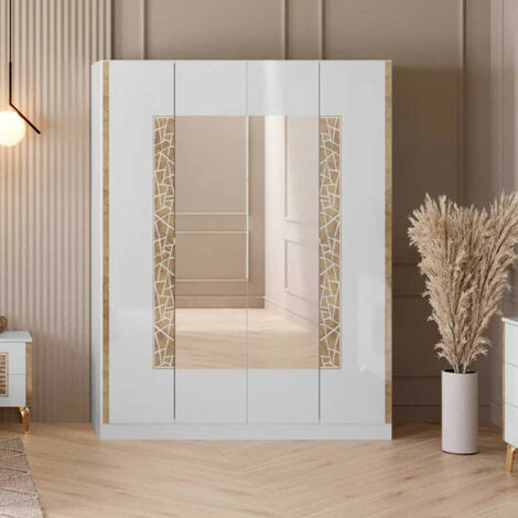 Armoire 4 Portes Avec Miroirs VUKIA - L200 X H213 X P57 Cm - Blanc Brillant Et Doré - Éco-responsable, à Monter