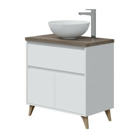 Meuble sous vasque 80 cm + vasque Blanc/Chêne foncé - PONOI - Meuble : L 81 x l 46 x H 80 cm  Vasque à poser : L 41.5 x l 41.5 x H 16 cm