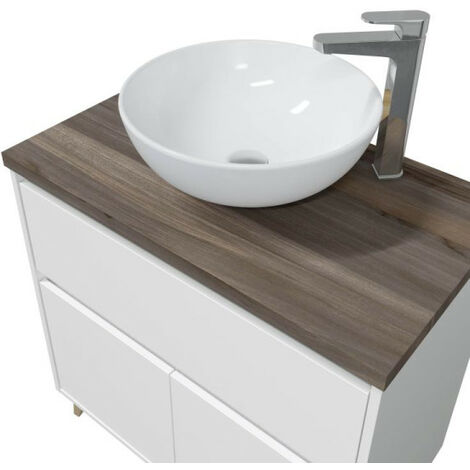 Meuble sous vasque 80 cm + vasque Blanc/Chêne foncé - PONOI - Meuble : L 81 x l 46 x H 80 cm  Vasque à poser : L 41.5 x l 41.5 x H 16 cm