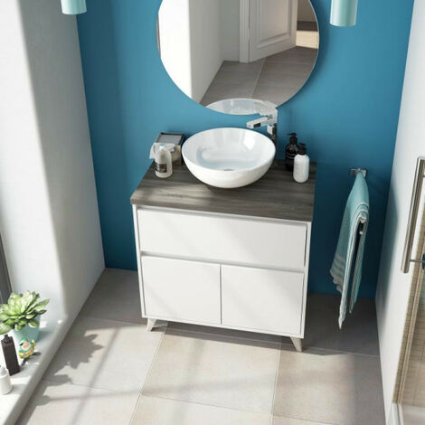 Meuble sous vasque 80 cm + vasque Blanc/Chêne foncé - PONOI - Meuble : L 81 x l 46 x H 80 cm  Vasque à poser : L 41.5 x l 41.5 x H 16 cm
