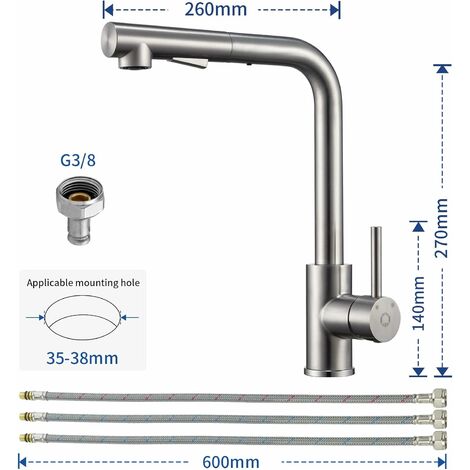 Küchenarmatur Schwarz Niederdruck | 360° Schwenkbar & Ausziehbar | Mit 3 Anschlüssen G3/8