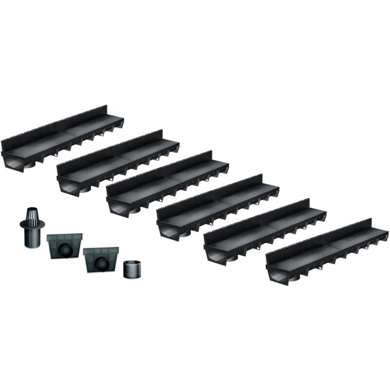 Pack de 6 : Caniveau Extérieur avec Grille à Fente en PP recyclé Classe A15 MEAPARK - Caniveaux pour Terrasse, Piscine, Jardin - Largeur Utile 10cm