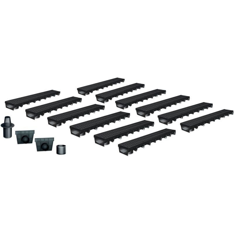 Pack de 12 : Caniveau Extérieur avec Grille passerelle Polyamide Classe B125 MEAPARK - Caniveaux pour Terrasse, Piscine, Jardin - Largeur Utile 10cm
