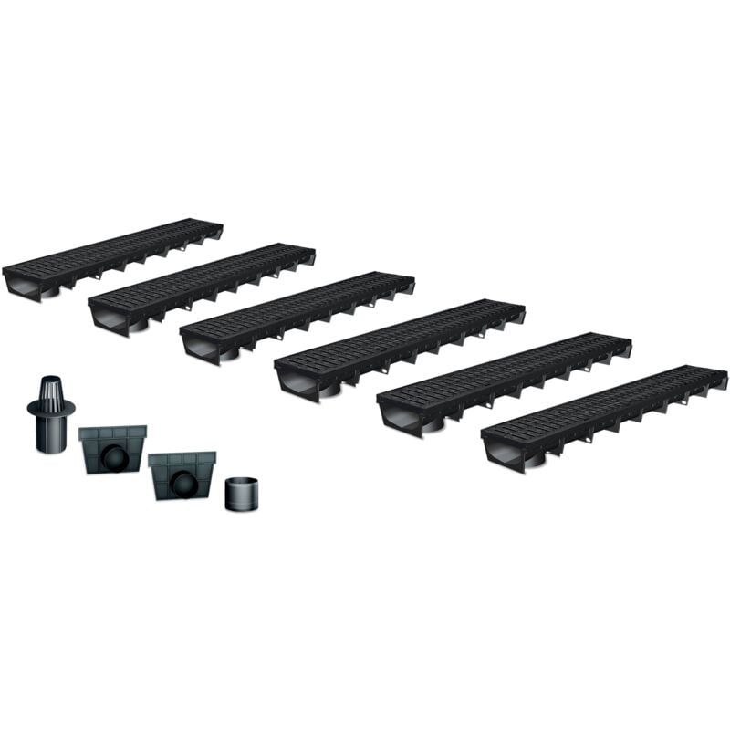 Pack de 6 : Caniveau Extérieur avec Grille passerelle Polyamide Classe B125 MEAPARK - Caniveaux pour Terrasse, Piscine, Jardin - Largeur Utile 10cm