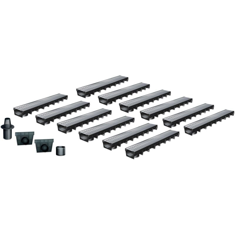 Pack de 12 : Caniveau Extérieur avec Grille en Acier galva A15 MEAPARK - Caniveaux pour Terrasse et Jardin - Largeur Utile 10cm Passage piéton