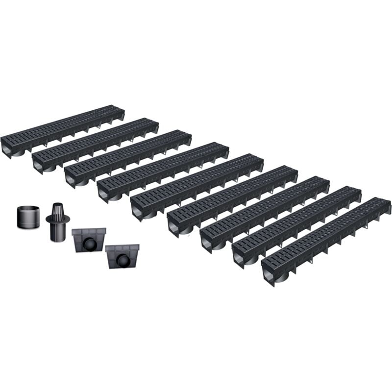 Pack de 9 : Caniveau Extérieur avec Grille passerelle Polyamide Classe B125 MEAPARK - Caniveaux pour Terrasse, Piscine, Jardin - Largeur Utile 10cm