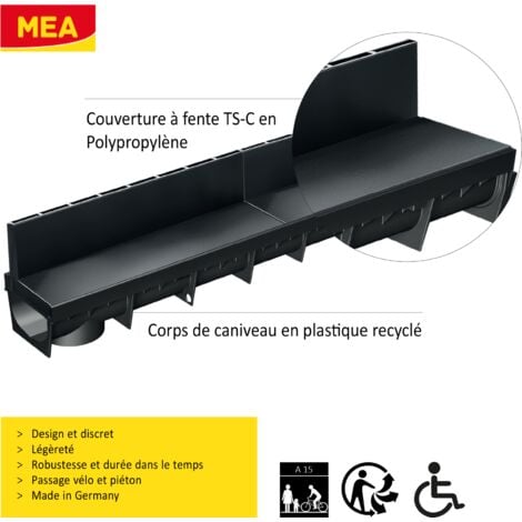 Pack de 6 : Caniveau Extérieur avec Grille à Fente en PP recyclé Classe A15 MEAPARK - Caniveaux pour Terrasse, Piscine, Jardin - Largeur Utile 10cm