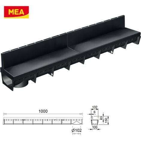 Pack de 6 : Caniveau Extérieur avec Grille à Fente en PP recyclé Classe A15 MEAPARK - Caniveaux pour Terrasse, Piscine, Jardin - Largeur Utile 10cm