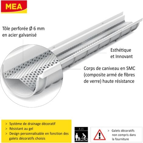 MEA Système de Drainage décoratif DECOSTONE 1m avec tôle perforée en Acier galvanisé Passage piéton - larg.10cm. pour l'évacuation des eaux de ruissellement ou Le Passage de câbles