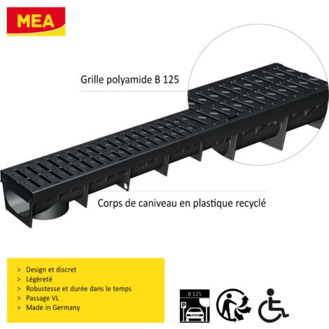 Pack de 12 : Caniveau Extérieur avec Grille passerelle Polyamide Classe B125 MEAPARK - Caniveaux pour Terrasse, Piscine, Jardin - Largeur Utile 10cm