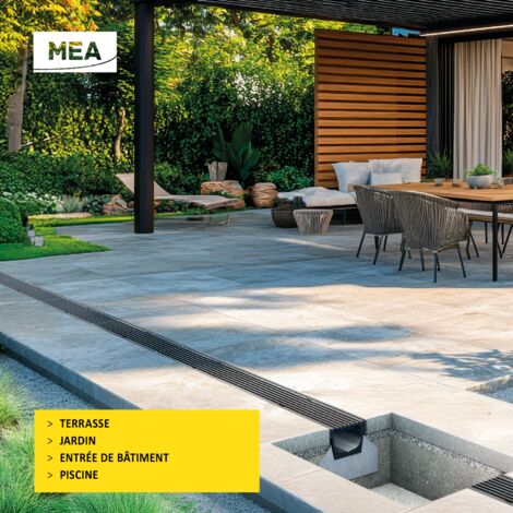 Pack de 12 : Caniveau Extérieur avec Grille passerelle Polyamide Classe B125 MEAPARK - Caniveaux pour Terrasse, Piscine, Jardin - Largeur Utile 10cm