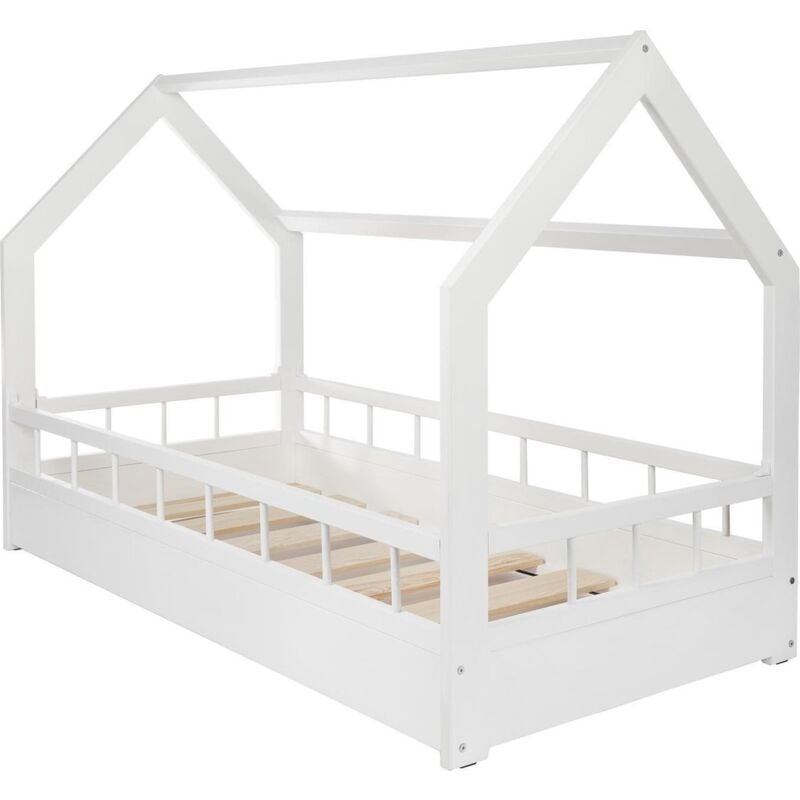 Cama Infantil En forma de casa dosel para ninos 160x80 color blanco cuna madera cm con barrera