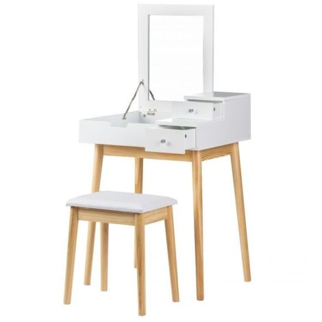 Tocador de madera blanco con espejo plegable y cajones - 60x50x76 cm