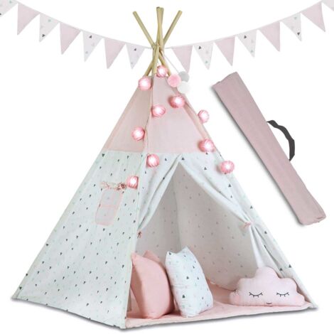 Tipi Wigwam tent - carpa de juegos con luces y guirnaldas - Rosa