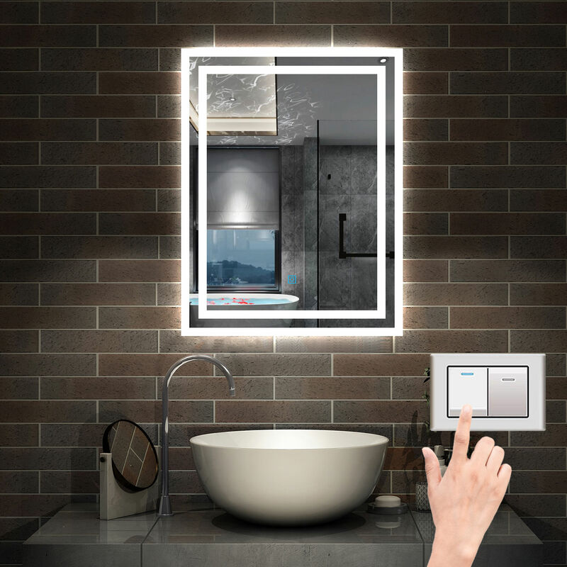 600X500mm Illuminated Bathroom Mirrors with LED Lights, Touch Switch, 6000K  Cool White Light + 4500K Warm White Light + 3000K Warm Light, IP44 Dimmable  Bathroom Mirror