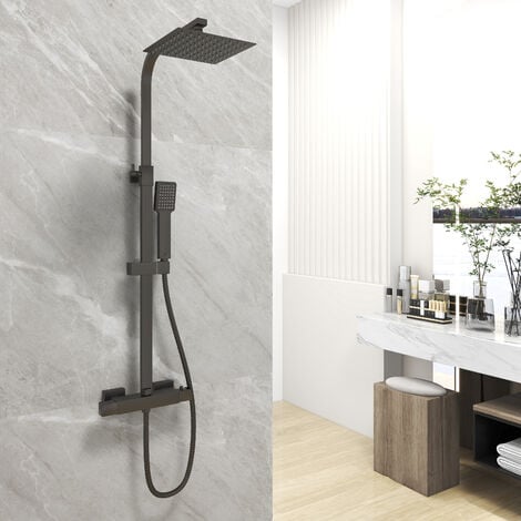 Acezanble Bathroom Thermostatic Mixer Shower Set Square Black Twin Head Exposed Valve