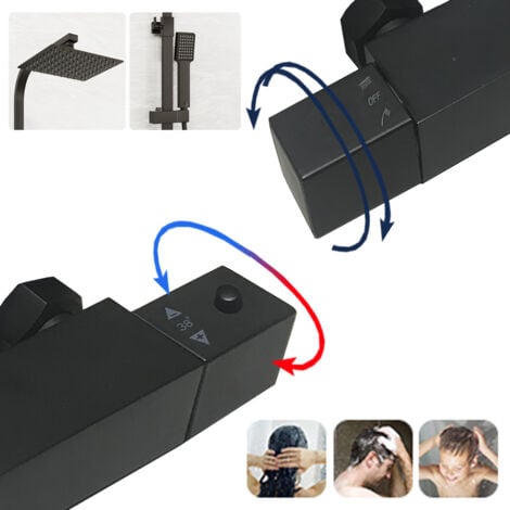 Acezanble Bathroom Thermostatic Mixer Shower Set Square Black Twin Head Exposed Valve