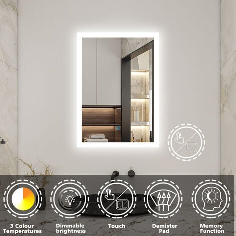 Bathroom Mirror with Led Lights, 700X500mm Dimmable Illuminated Backlit Bathroom Mirror with Desmister, Touch, Brightness Memory, 3000K-6000K