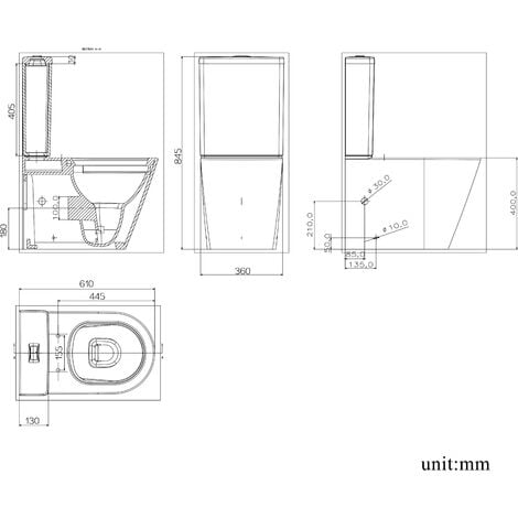 Acezanble Bathroom Back to Wall White Ceramic Rimless Close Coupled Toilet Soft Close Seat Round WC Dual Flush Cistern