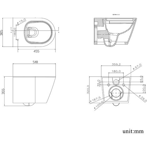 Acezanble Bathroom White Ceramic Rimless Wall Hung Toilet & Soft Close Seat Modern WC Pan