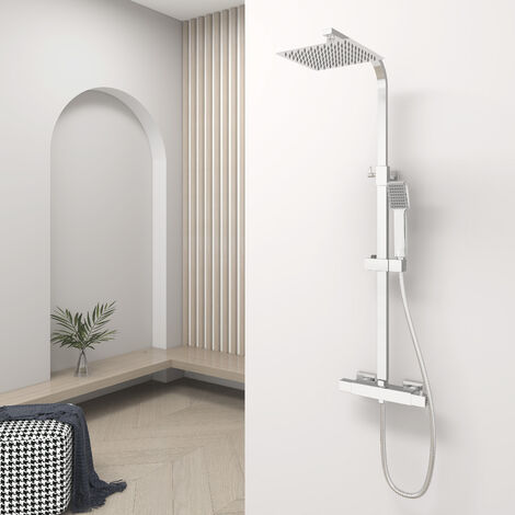 Acezanble Bathroom Thermostatic Mixer Shower Set All Square Chrome Twin Head Exposed Valve - Silver (1/9)