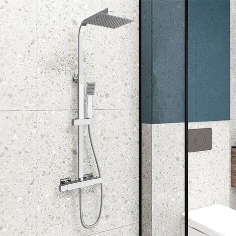 Acezanble Bathroom Thermostatic Mixer Shower Set All Square Chrome Twin Head Exposed Valve - 200mm