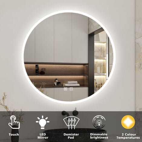 Acezanble Round Illuminated Bathroom Mirror with LED Light, 60cm, Dimmable Wall Mirror, Warm Light and Cold White Light, Anti-fog, Touch Switch, IP44