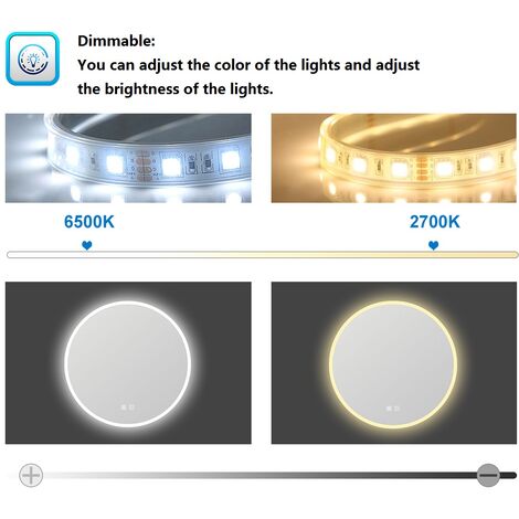 Acezanble Round Illuminated Bathroom Mirror with LED Light, 60cm, Dimmable Wall Mirror, Warm Light and Cold White Light, Anti-fog, Touch Switch, IP44