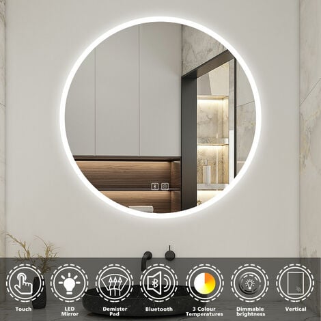 Acezanble Round Illuminated Bathroom Mirror with 3 Color LED Lights, Bluetooth Speaker, 60cm, Dimmable, Warm Light, Natural Light And Cold White Light, Anti-fog, Touch Switch, IP44