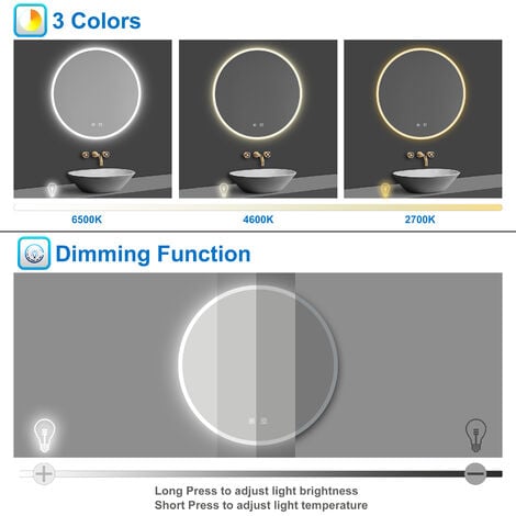 Acezanble Round Illuminated Bathroom Mirror with 3 Color LED Lights, Bluetooth Speaker, 60cm, Dimmable, Warm Light, Natural Light And Cold White Light, Anti-fog, Touch Switch, IP44