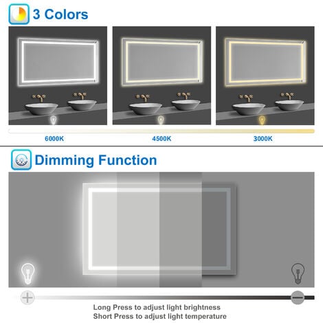 Acezanble Bathroom LED Mirror 1000 x 600 mm Dimmable Illuminated Backlit Bathroom Mirror with Demister Pad, Adjustable Brightness, Horizontal/Vertical