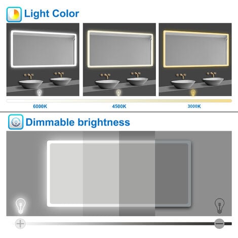 Bathroom Mirror Led Mirror 3 Color Lights, 500x700mm Dimmable Illuminated Backlit Wall Mirror with Desmister, Touch, Brightness Memory, 3000K-6000K