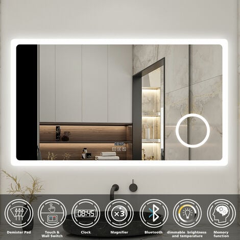 Bathroom Mirror Led Mirror 3 Color Lights Bluetooth, 1200x700mm Dimmable Illuminated Backlit Wall Mirror with Desmister, Magnifying, Clock, Touch, Brightness Memory, 3000K-6000K