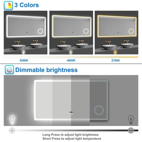 Bathroom Mirror Led Mirror 3 Color Lights Bluetooth, 1200x700mm Dimmable Illuminated Backlit Wall Mirror with Desmister, Magnifying, Clock, Touch, Brightness Memory, 3000K-6000K