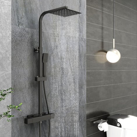Acezanble Thermostatic Mixer Shower Set Black All Square Exposed Valve Twin Head